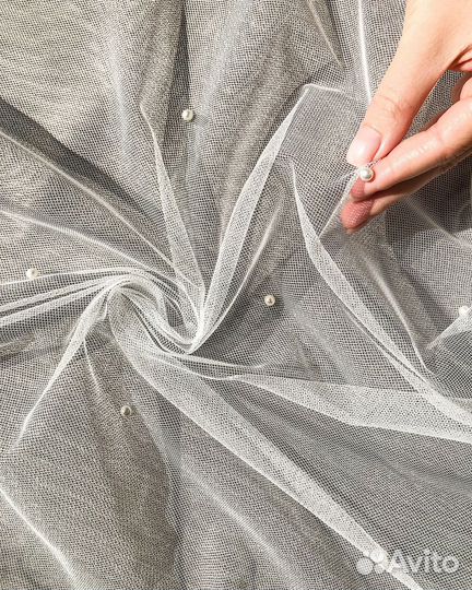 Микросетка с бусинками тюль Грейс Айвори