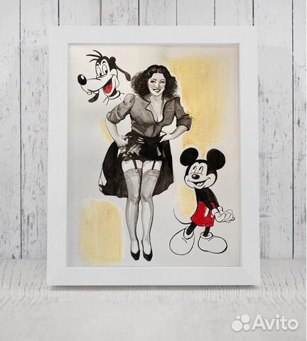 Пинап девушка в платье и чулках. Микки Маус. Гуфи