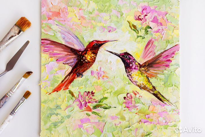 Картина маслом ручной работы птицы колибри и цветы