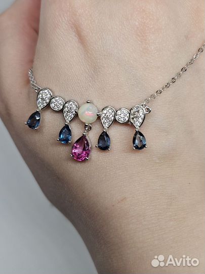 Серебряное колье люкс опал, топазы микс