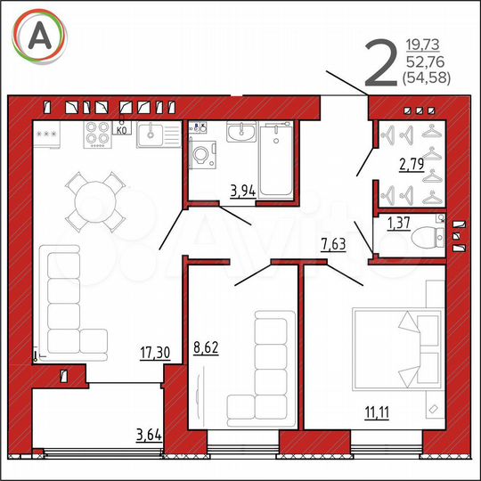 2-к. квартира, 54,6 м², 5/9 эт.