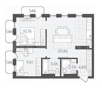 2-к. квартира, 57,4 м², 12/17 эт.