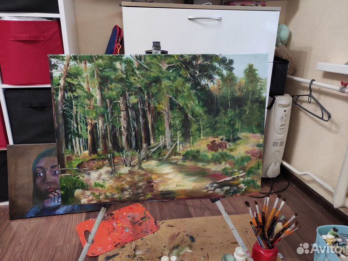 Картина маслом, пейзаж, лес, сосны, река, поляна