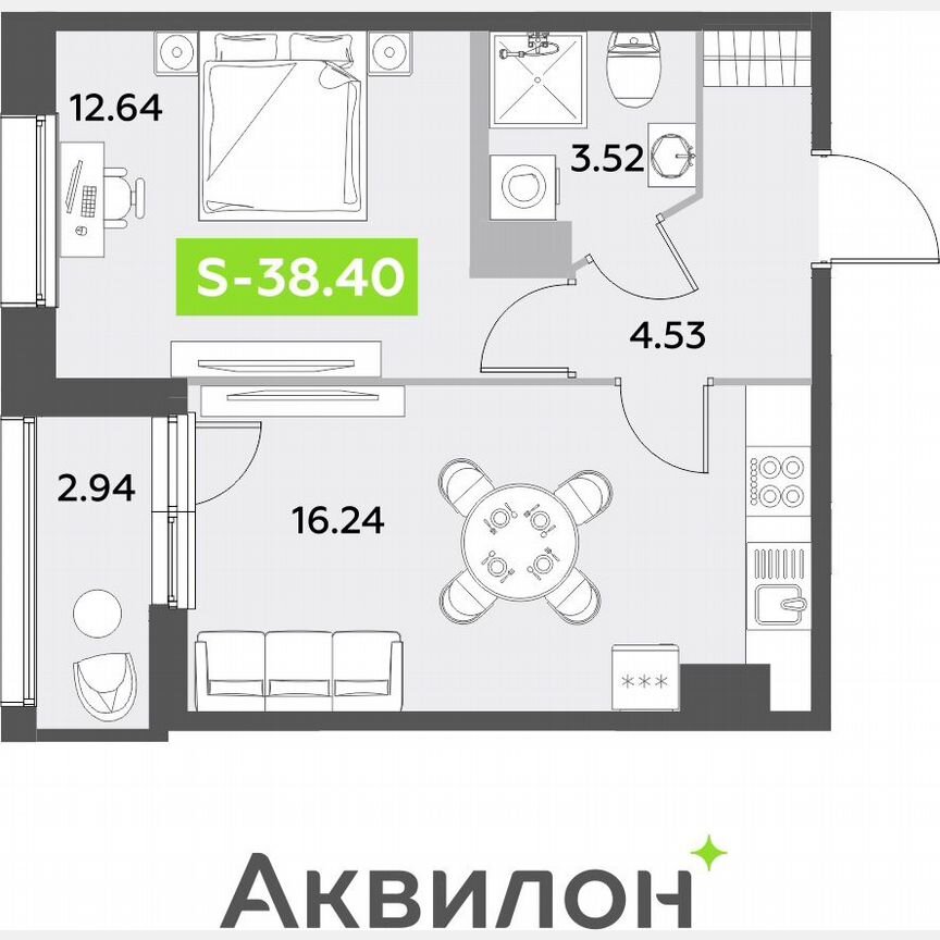 1-к. квартира, 38,4 м², 12/12 эт.