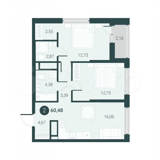 2-к. квартира, 60,5 м², 11/14 эт.
