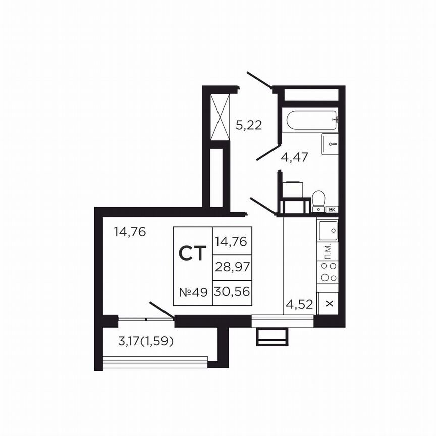 Квартира-студия, 32,1 м², 5/9 эт.
