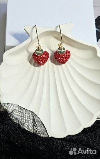 Серьги кольца с красными сердечками золото