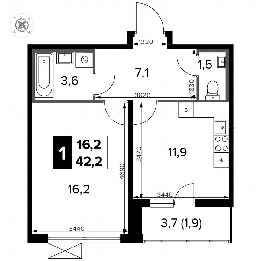 1-к. квартира, 42,2 м², 14/15 эт.