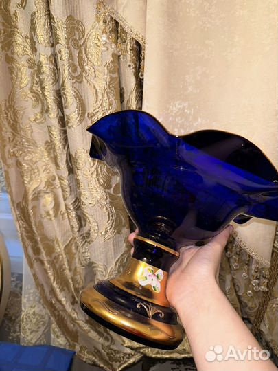 Ваза богемия оригинал лепка смальта синяя