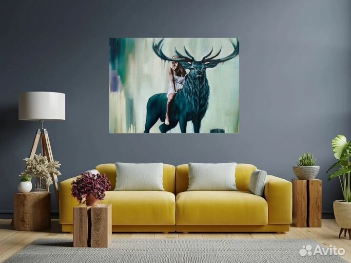 Большая картина интерьерная с оленем ручная работа
