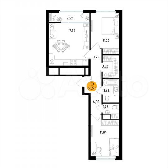 2-к. квартира, 59,6 м², 20/25 эт.