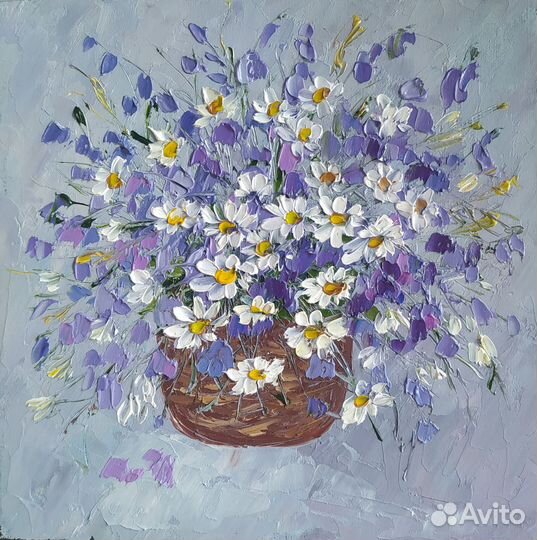 Картина маслом Букет колокольчиков и ромашек