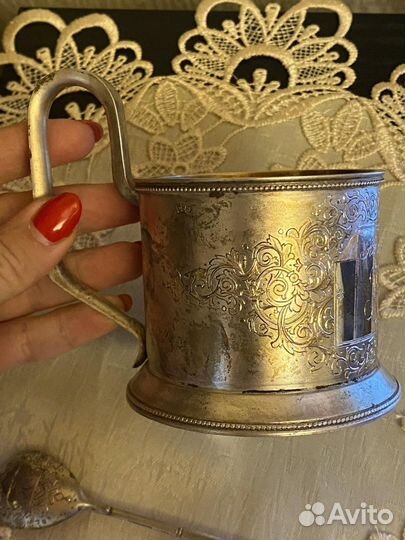 Подстаканник с ложкой, 84 проба