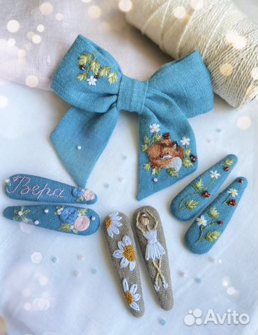 Бант ручной работы и заколки с вышивкой