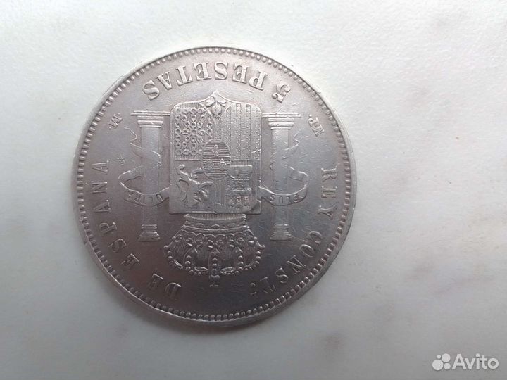 Монета 5 песет 1888г. Испания. Серебро 25грам