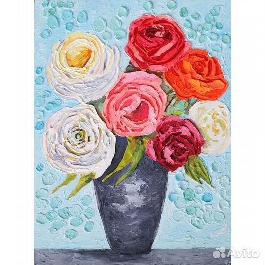 Кaртинa Розы красные и белые букет ваза текстурная