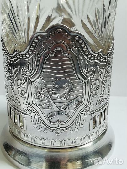 Подстаканник мельхиор В.И. Ленин + стакан хрусталь