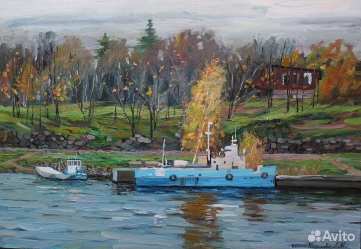 Картина маслом морской пейзажи лодки причал осень