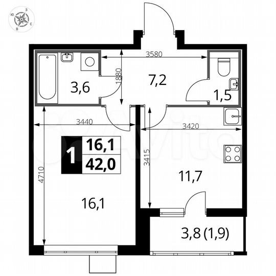 1-к. квартира, 42 м², 20/22 эт.