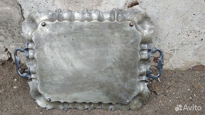 Старинный медный посеребрённый поднос