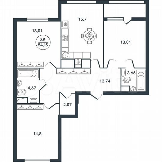 3-к. квартира, 84,2 м², 15/17 эт.