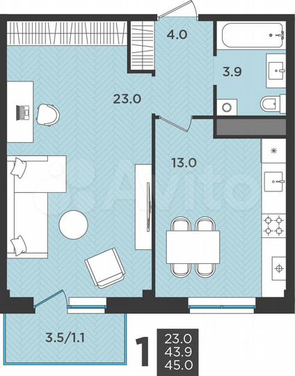1-к. квартира, 45 м², 2/3 эт.