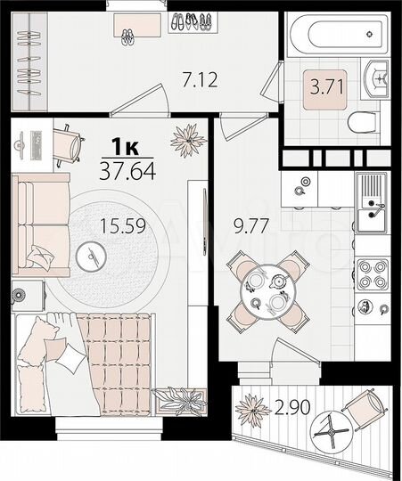 1-к. квартира, 37,6 м², 2/12 эт.