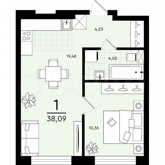 1-к. квартира, 38,1 м², 1/4 эт.