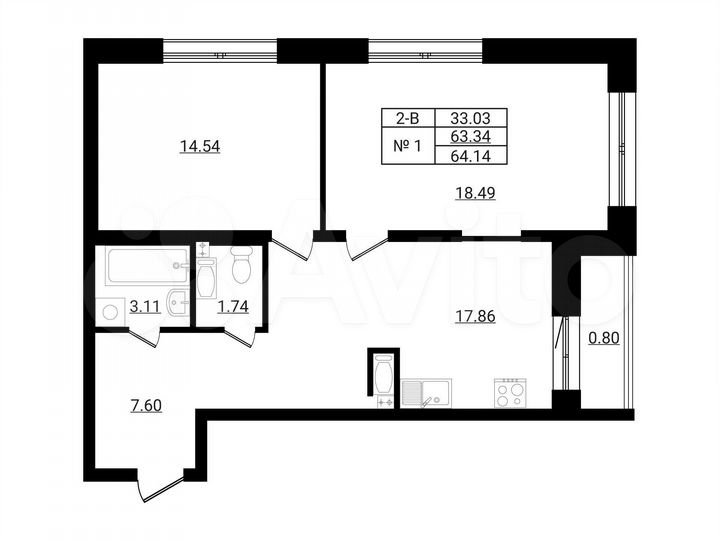 2-к. квартира, 64,1 м², 2/9 эт.