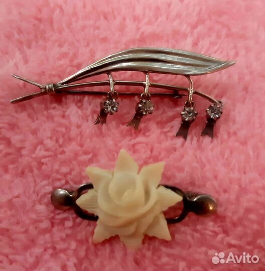 Серебряные броши, ландыш, роза