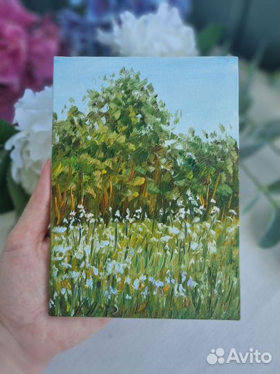 Пейзаж природа Картина маслом с цветами миниатюра