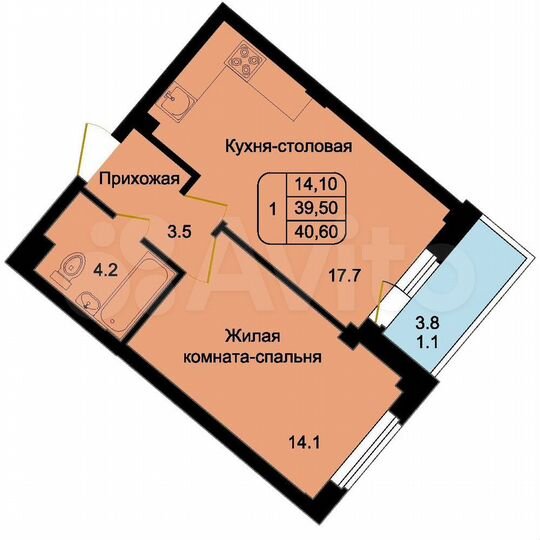 1-к. квартира, 40,6 м², 2/8 эт.
