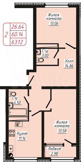 2-к. квартира, 63,1 м², 1/10 эт.