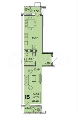 1-к. квартира, 45,3 м², 12/17 эт.