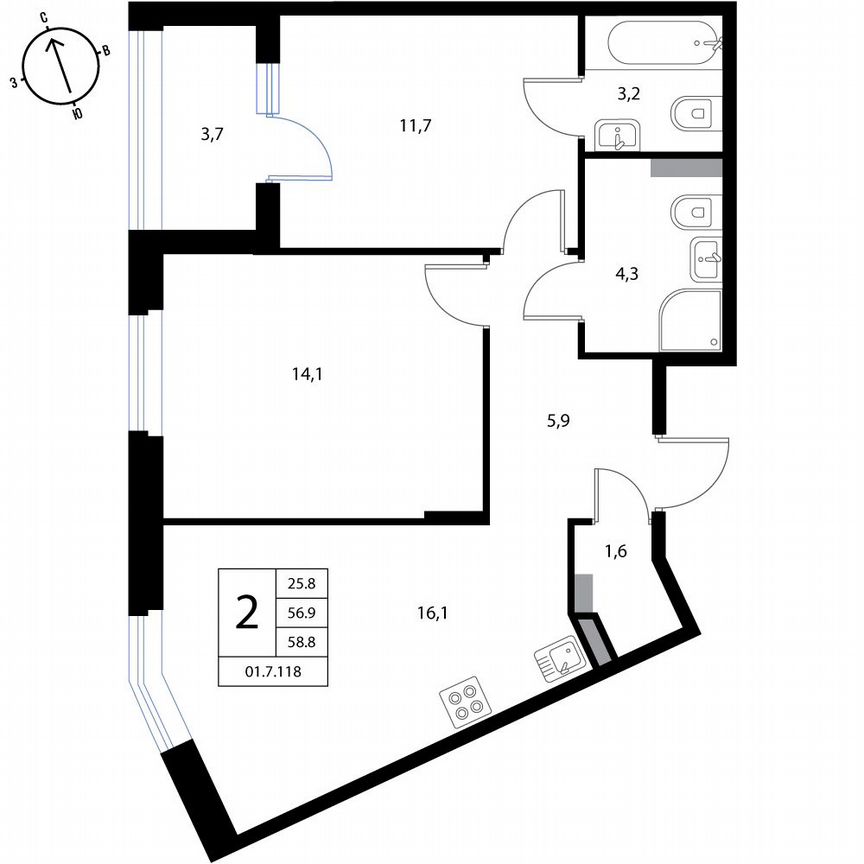 2-к. квартира, 58,8 м², 2/3 эт.