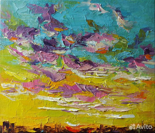 Картина маслом с закатом, небо, облака 25х30