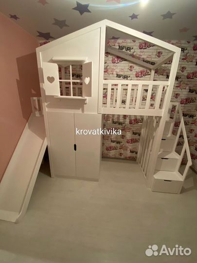 Эко кровать детская - чердак домик с горкой