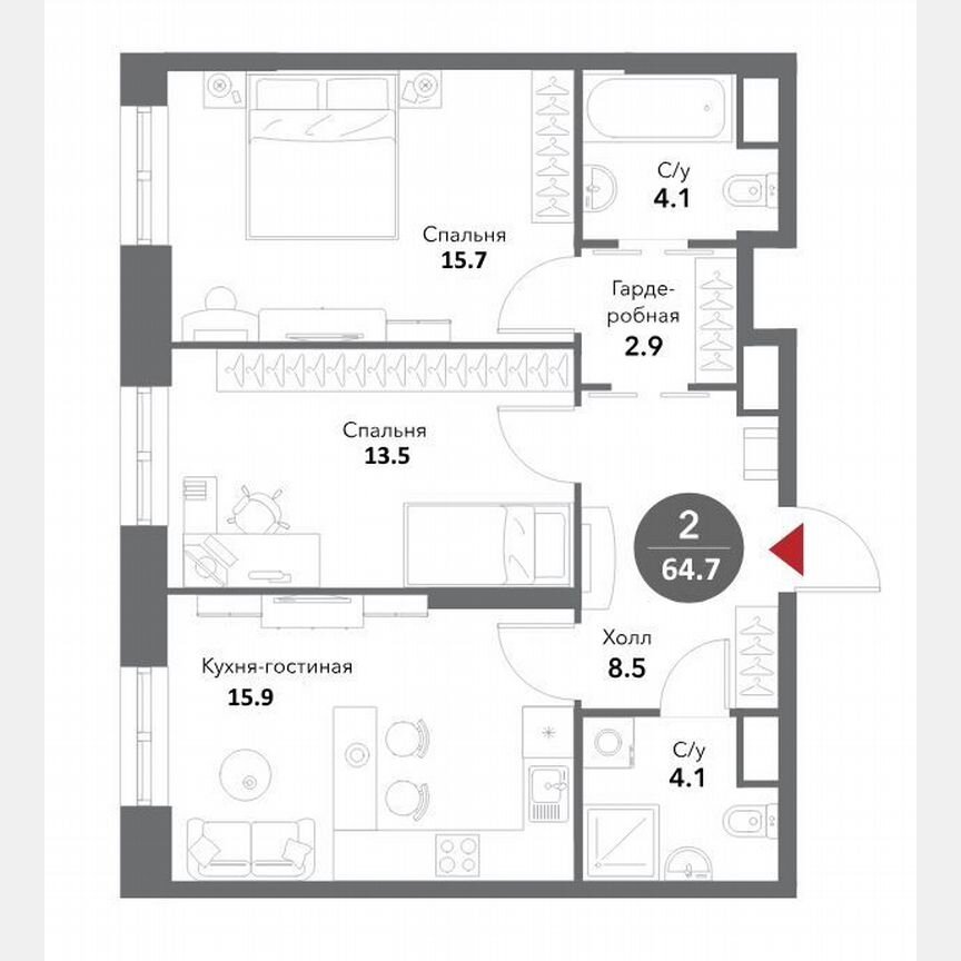 2-к. апартаменты, 64,7 м², 4/19 эт.