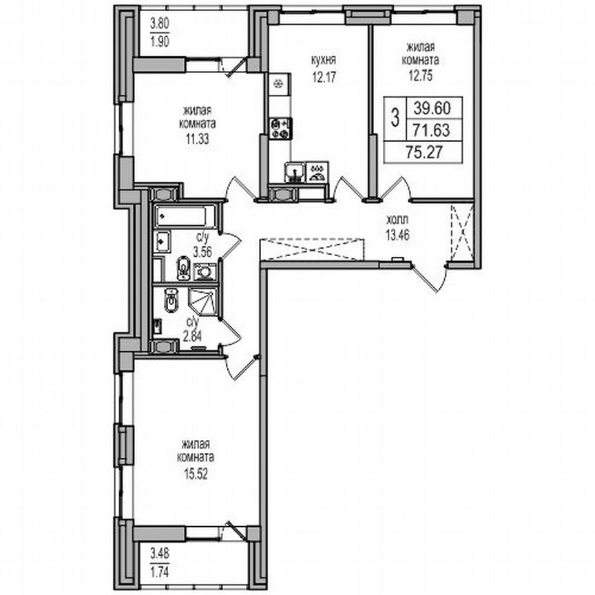 3-к. квартира, 74,7 м², 11/27 эт.