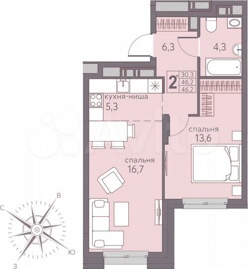 2-к. квартира, 46,2 м², 5/22 эт.