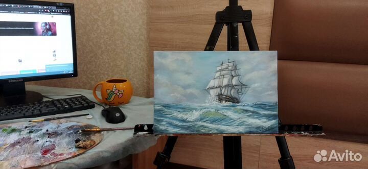 Картина море корабль волна парусник