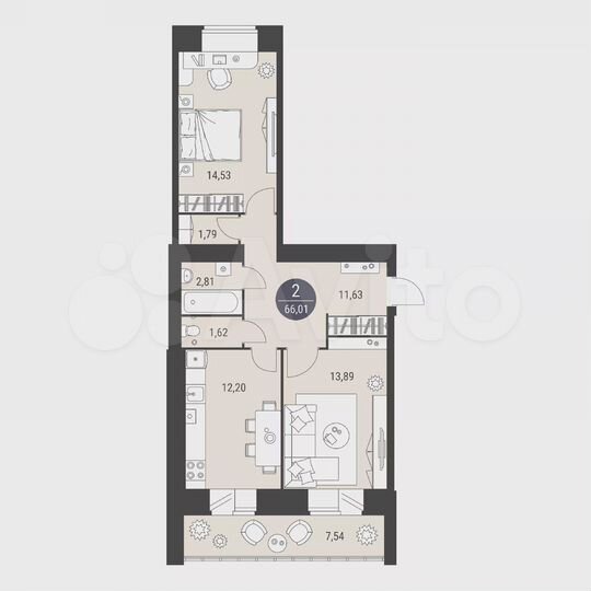 2-к. квартира, 66 м², 5/10 эт.