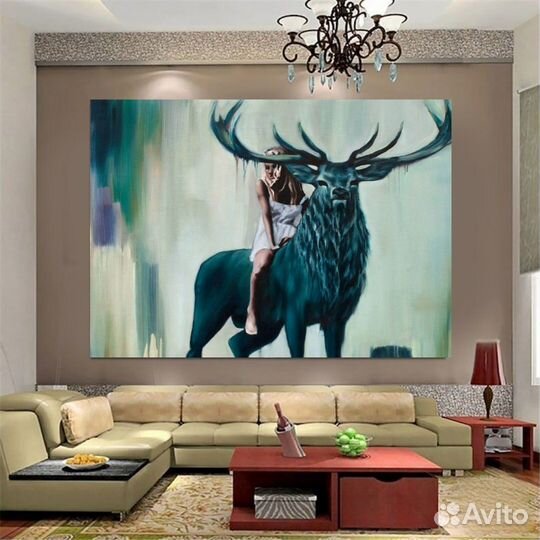 Большая картина интерьерная с оленем ручная работа