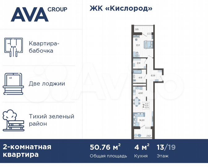 2-к. квартира, 50,8 м², 13/19 эт.