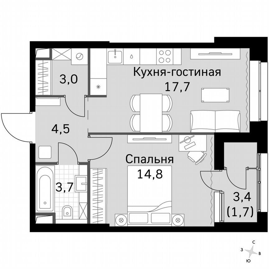 1-к. квартира, 45,6 м², 12/12 эт.