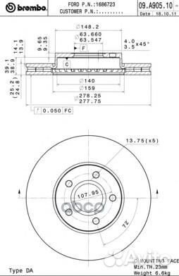 09.A905.10 диск тормозной передний Ford Focus