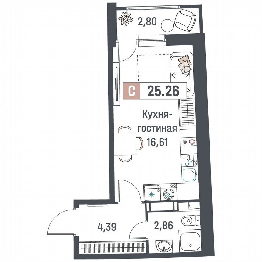 Квартира-студия, 25,3 м², 11/18 эт.