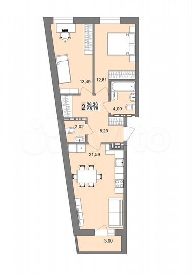2-к. квартира, 65,8 м², 3/19 эт.