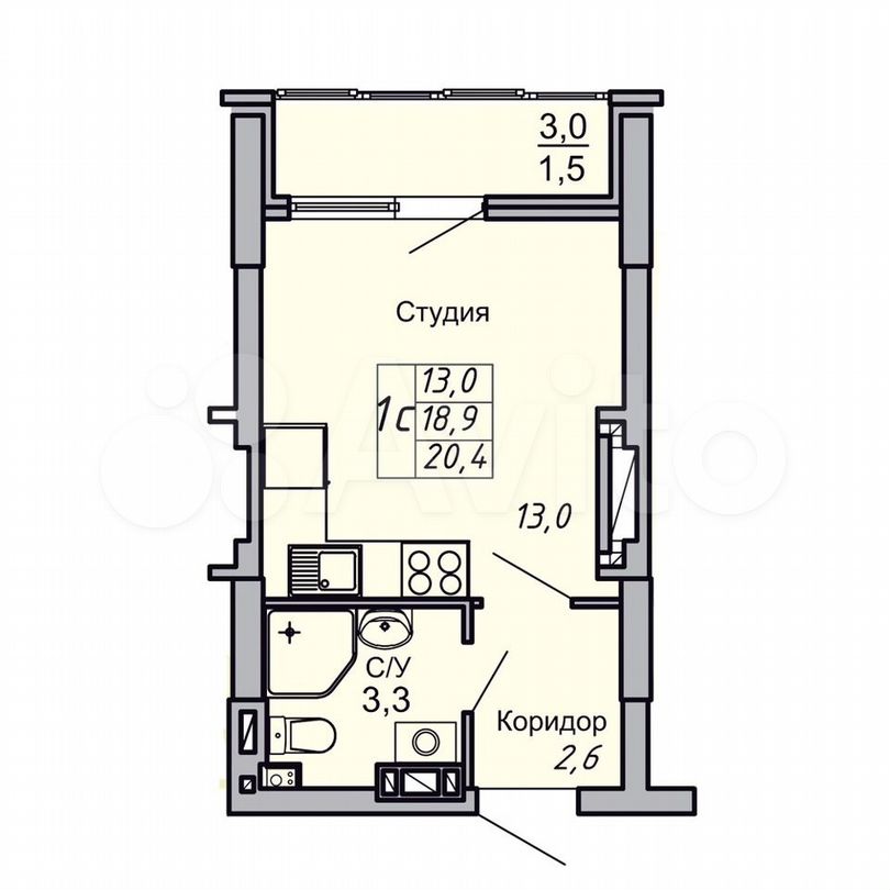 1-к. квартира, 20,4 м², 6/16 эт.