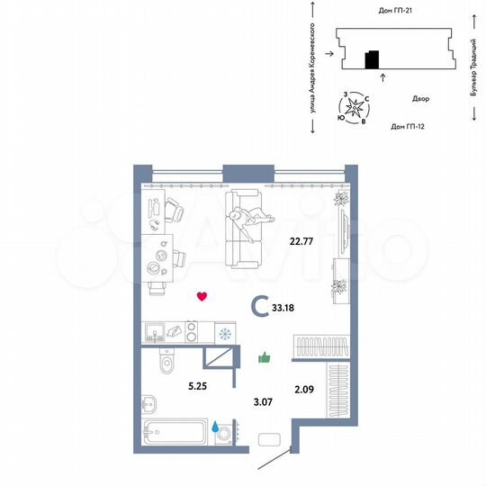 Квартира-студия, 33,2 м², 6/14 эт.